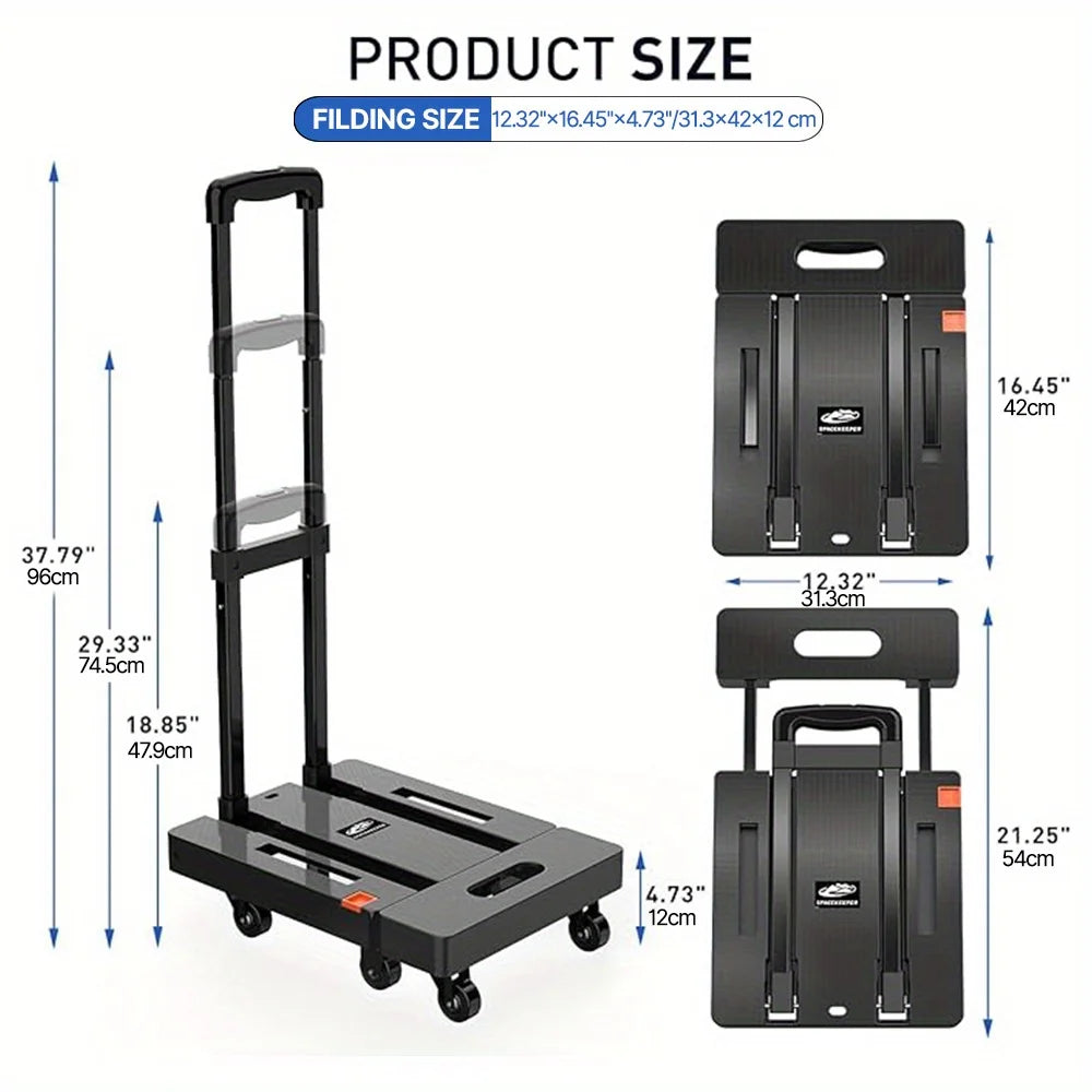 A black heavy duty folding hand truck luggage cart shown with its unfolded and folded sizes.