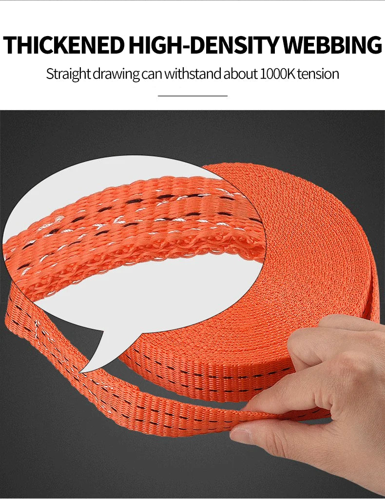 Close-up of thick, high-density webbing in bright orange showing its texture and strength.