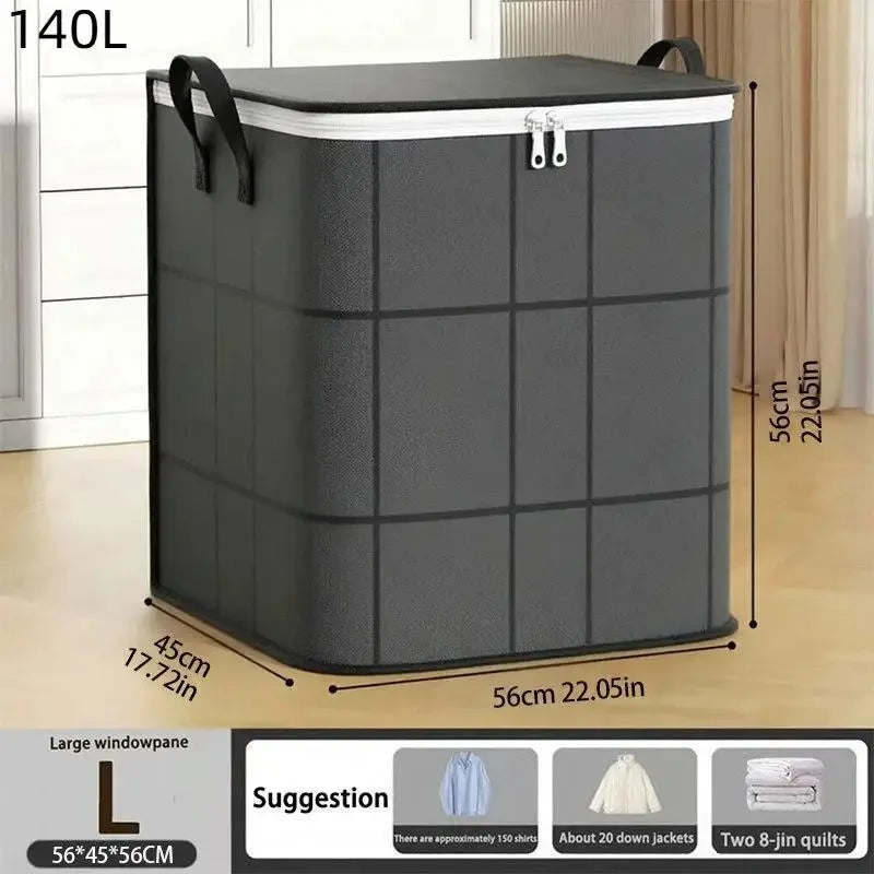 A dark gray foldable storage organizer bag with a lid and buckles shown standing upright.