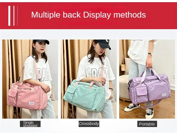 Three methods of displaying a large capacity travel duffle bag: single shoulder, crossbody, and portable.