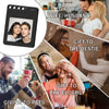 A photo transfer keychain tag is shown in various gift contexts, including gifts for a wife/husband, a bestie, and an elderly