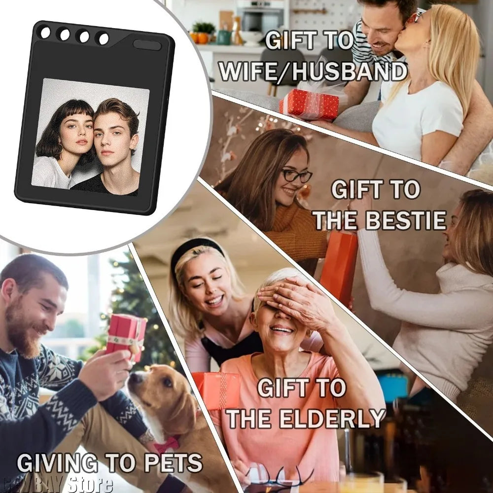 A photo transfer keychain tag is shown in various gift contexts, including gifts for a wife/husband, a bestie, and an elderly