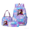 A purple backpack set featuring floral designs and characters on a light blue background.