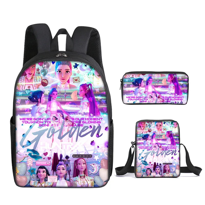 A black backpack featuring various anime characters and colorful graphics.