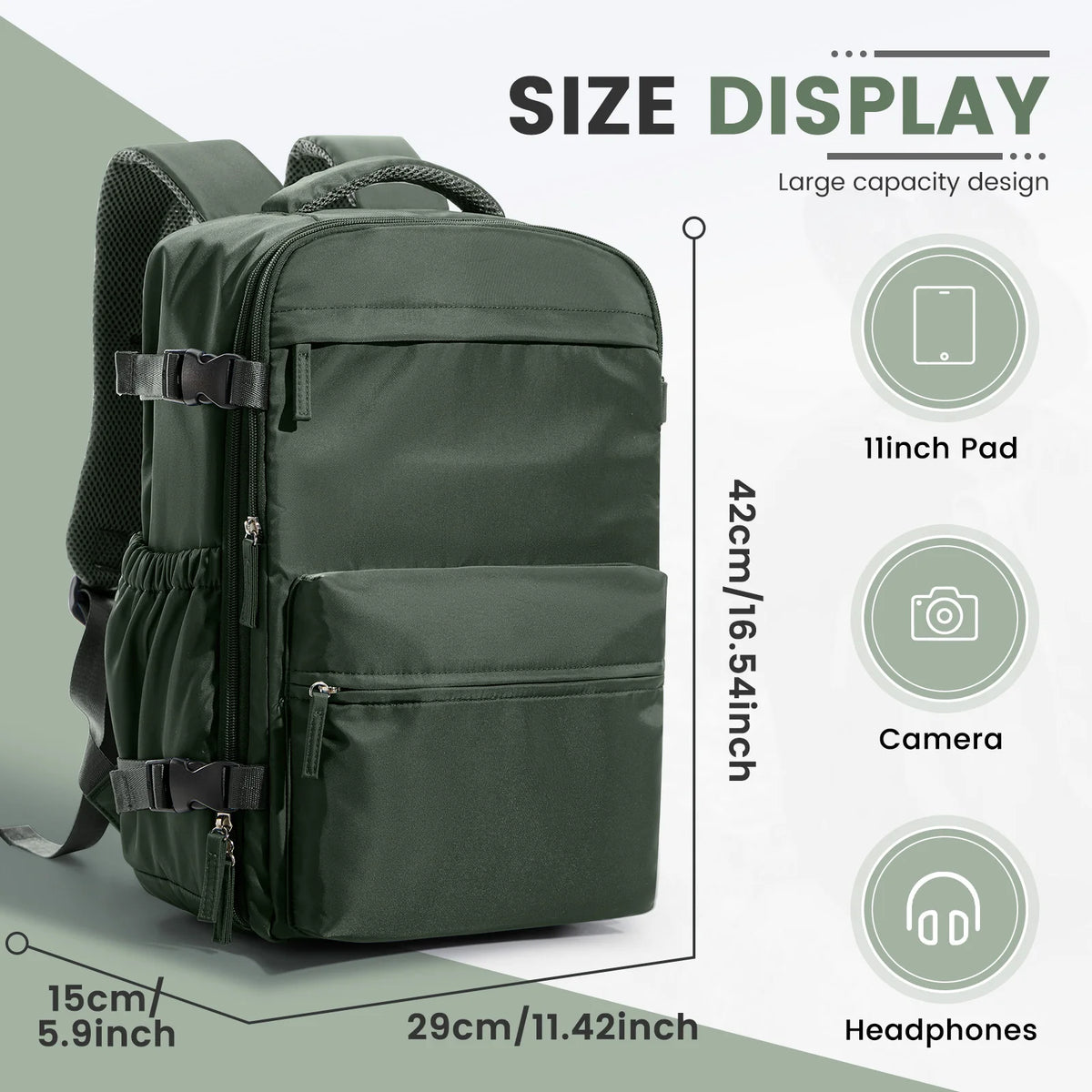 A dark green travel compression backpack shown with size display details.