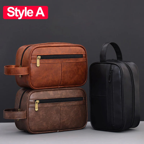 A brown PU leather travel toiletry bag is shown next to a black version, both featuring zippered compartments.