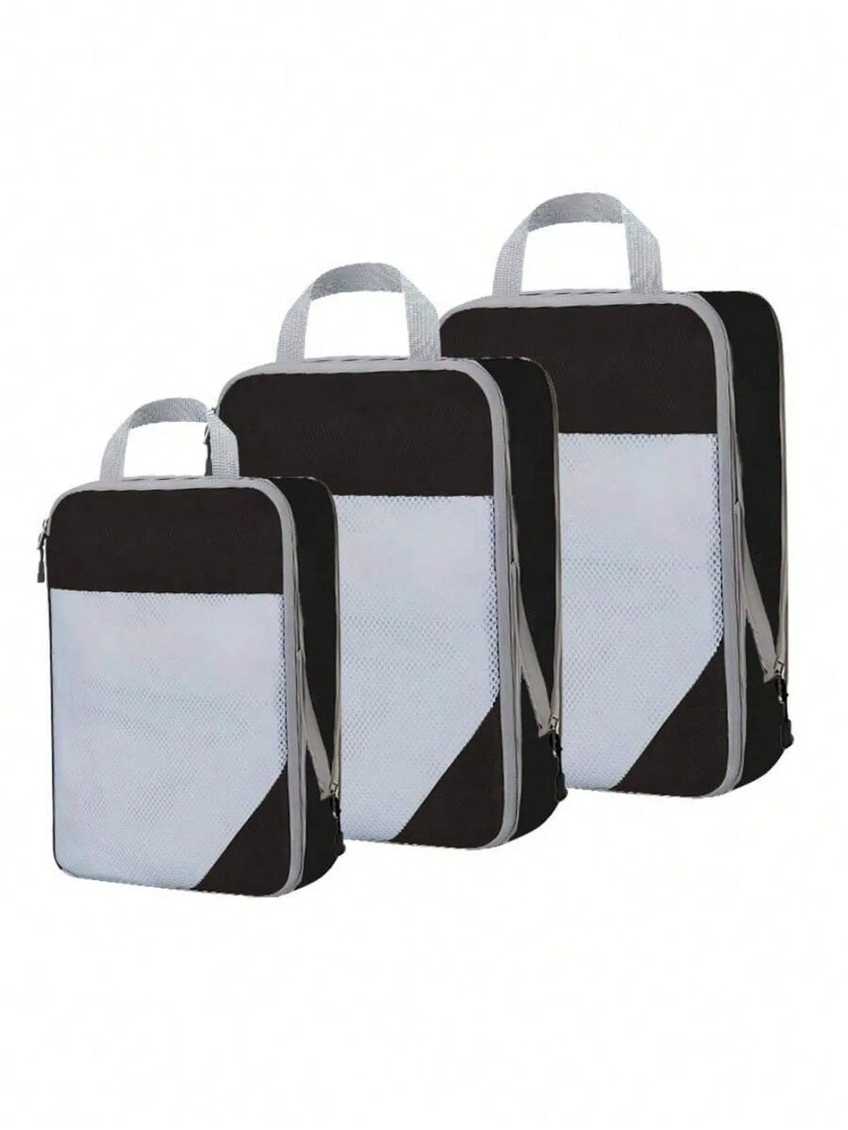 A set of black and white fabric storage organizers with handles.