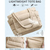 A beige quilted lightweight tote bag shown with close-ups highlighting its water-resistant and tear-resistant features.
