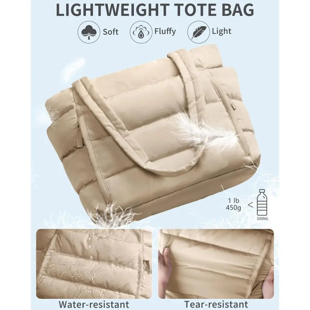 A beige quilted lightweight tote bag shown with close-ups highlighting its water-resistant and tear-resistant features.
