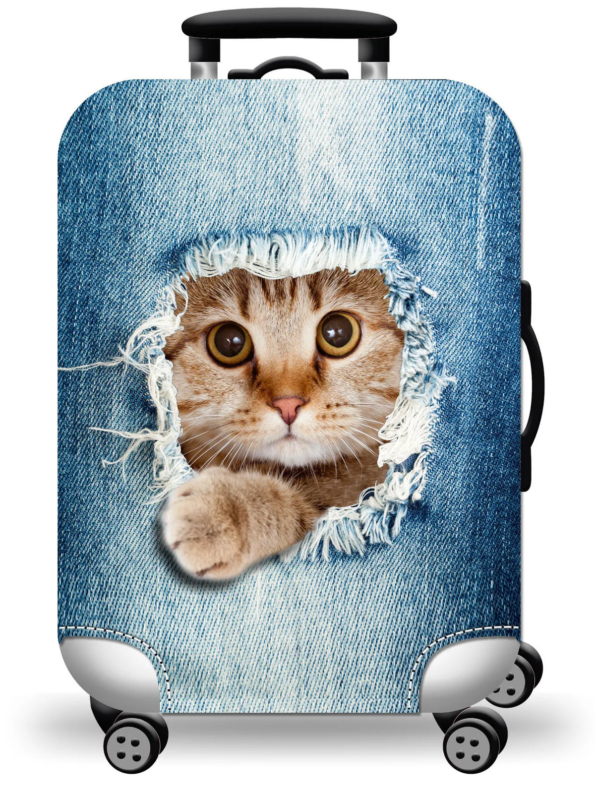 A denim suitcase cover featuring a realistic cat face design with torn edges.