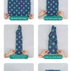 Instructions showing how to fold a reusable shopping bag into various shapes for storage