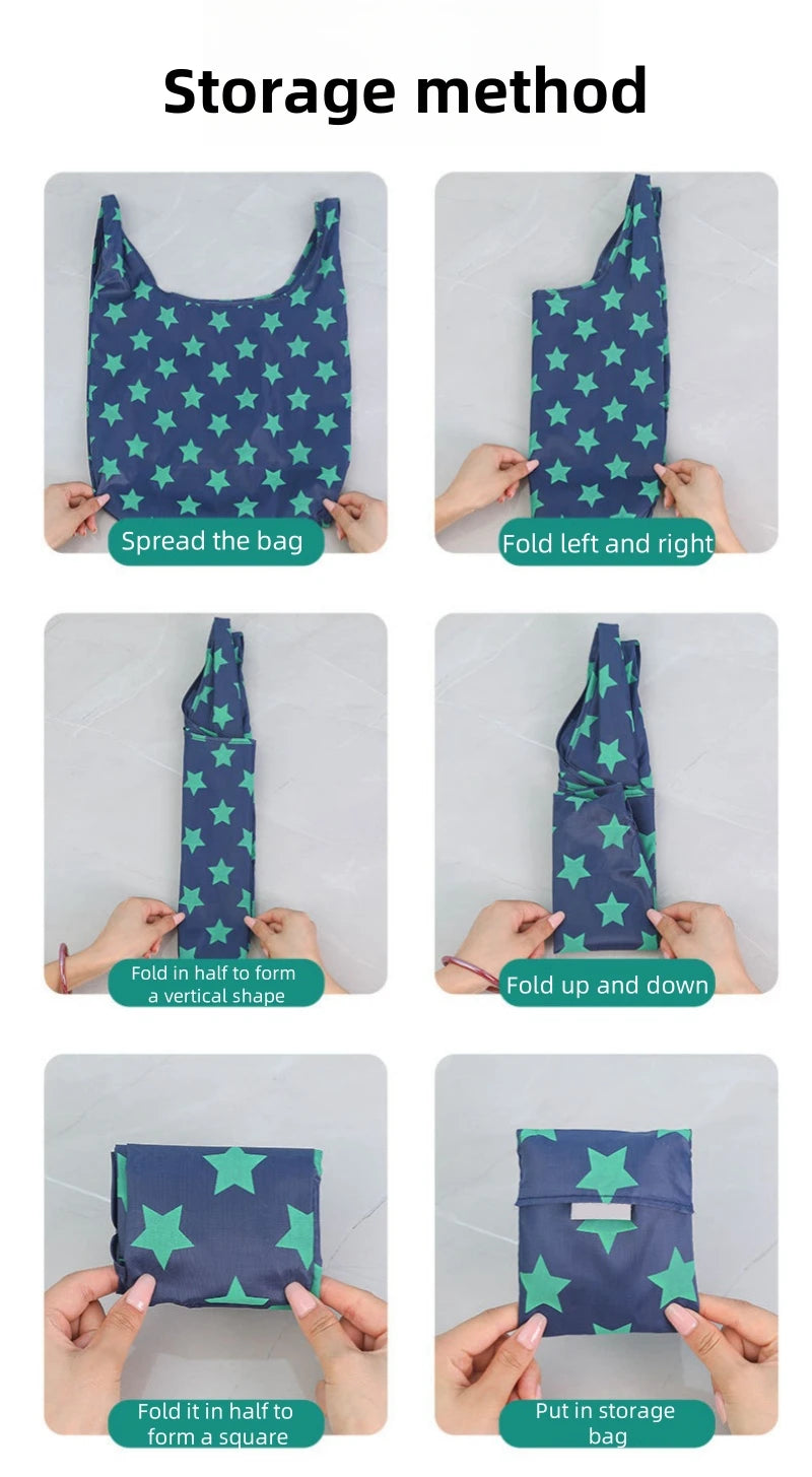 Instructions showing how to fold a reusable shopping bag into various shapes for storage
