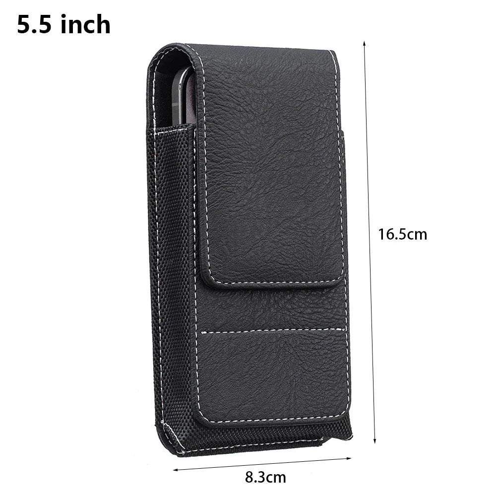 Black PU leather phone waist pouch with a belt clip shown in a vertical view.