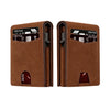 A brown slim wallet with a leather cover and slots for credit cards, shown from the front.