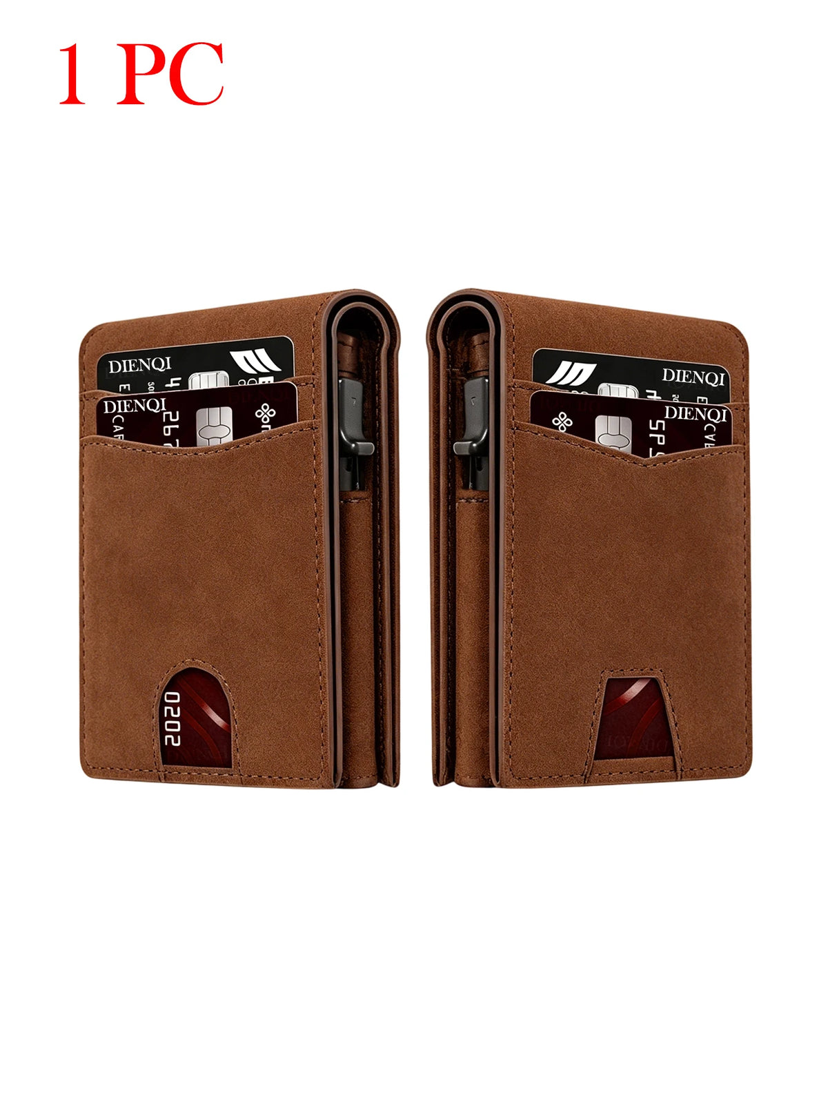 A brown slim wallet with a leather cover and slots for credit cards, shown from the front.
