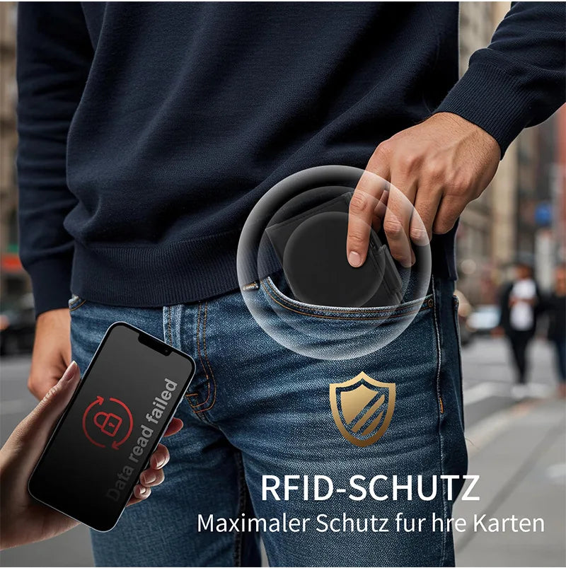 A hand holds a smartphone displaying a data read failed error while another hand places an RFID-Schutz shield over a wallet i