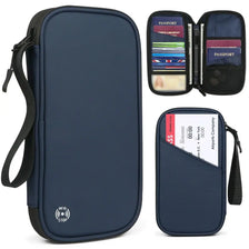 A dark blue waterproof RFID blocking passport holder with an interior display and a separate passport sleeve.