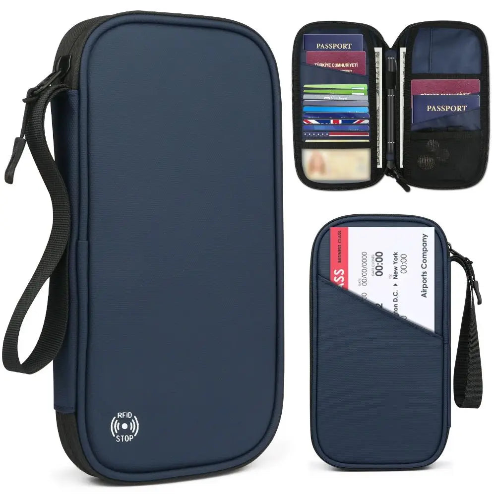 A dark blue waterproof RFID blocking passport holder with an interior display and a separate passport sleeve.