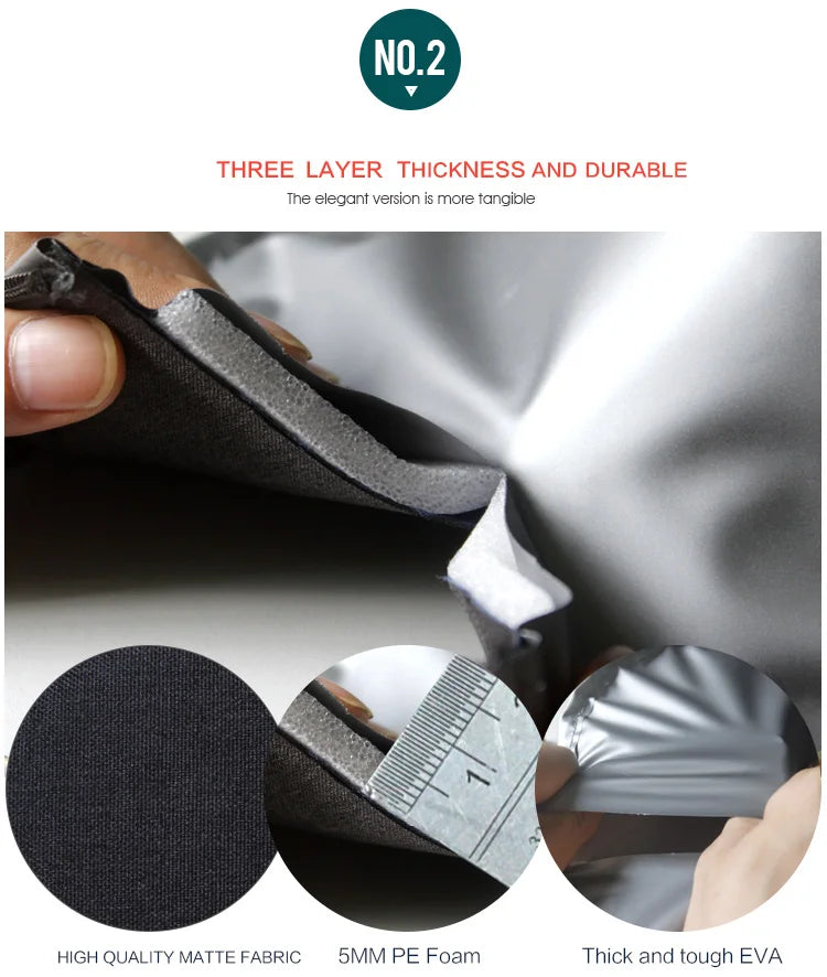 Three layer thickness and durable fabric showing a black matte fabric, 5mm PE foam, and thick tough EVA material.
