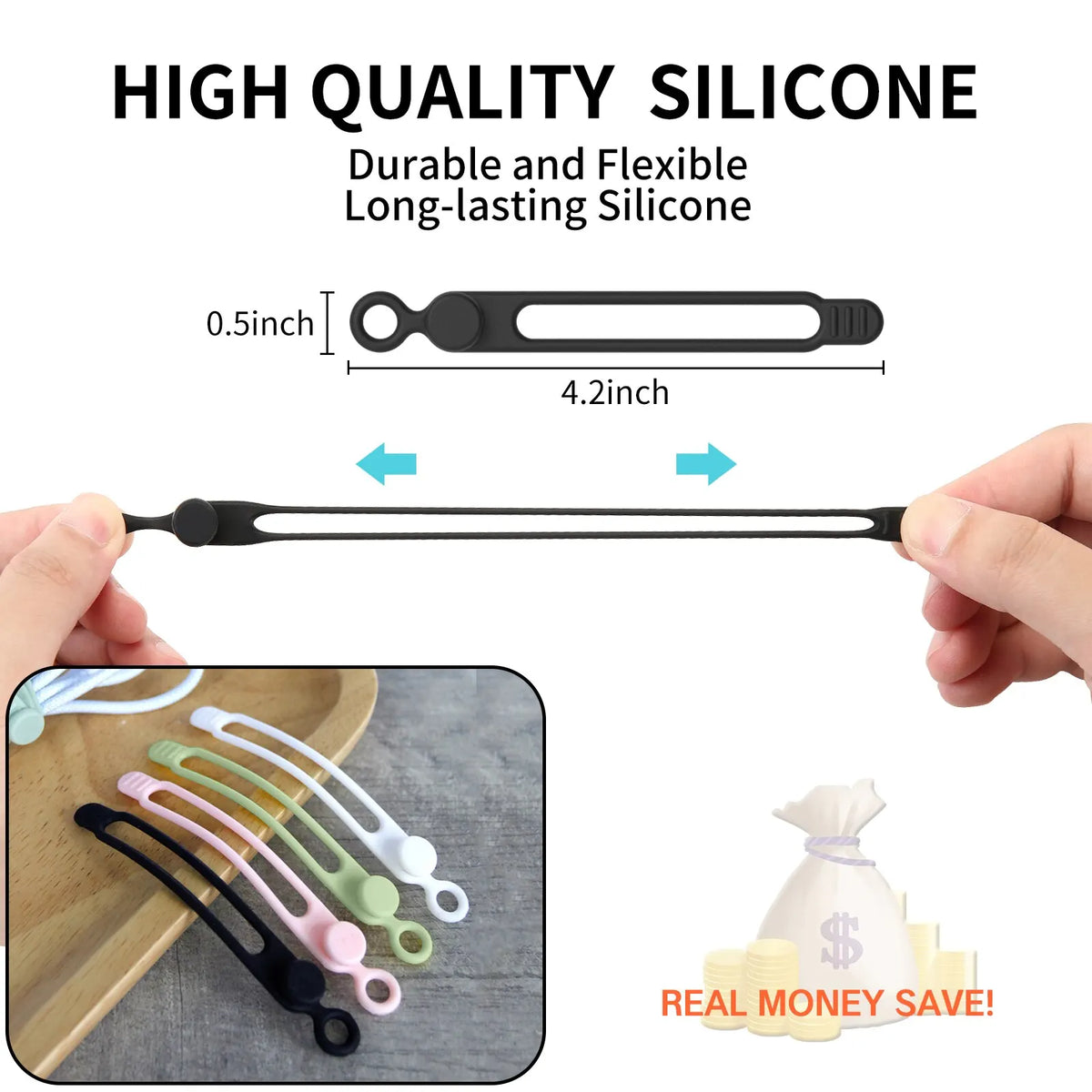 A hand holds a black silicone cable tie, demonstrating its durability and flexibility. Other colored silicone ties are shown 