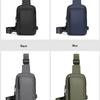 Four color options of a versatile unisex chest bag for fitness and casual use: black, blue, grey, and green.