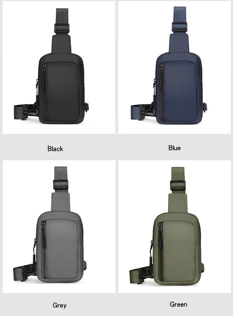 Four color options of a versatile unisex chest bag for fitness and casual use: black, blue, grey, and green.
