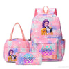 A pink and purple multi-compartment backpack set featuring a floral pattern and a woman's portrait.