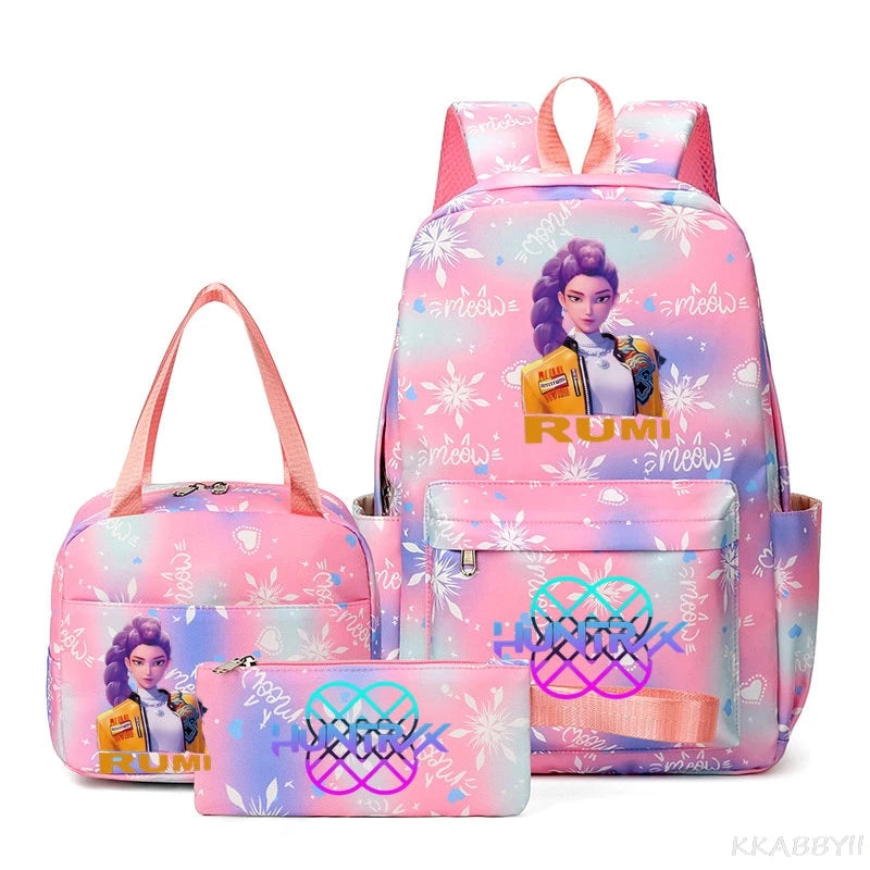 A pink and purple multi-compartment backpack set featuring a floral pattern and a woman's portrait.