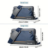 A side-by-side comparison of a small and large gray blue leather crossbody bag with adjustable straps.