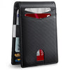 A black slim leather wallet with a carbon fiber texture showing an ID card slot and a card holder.