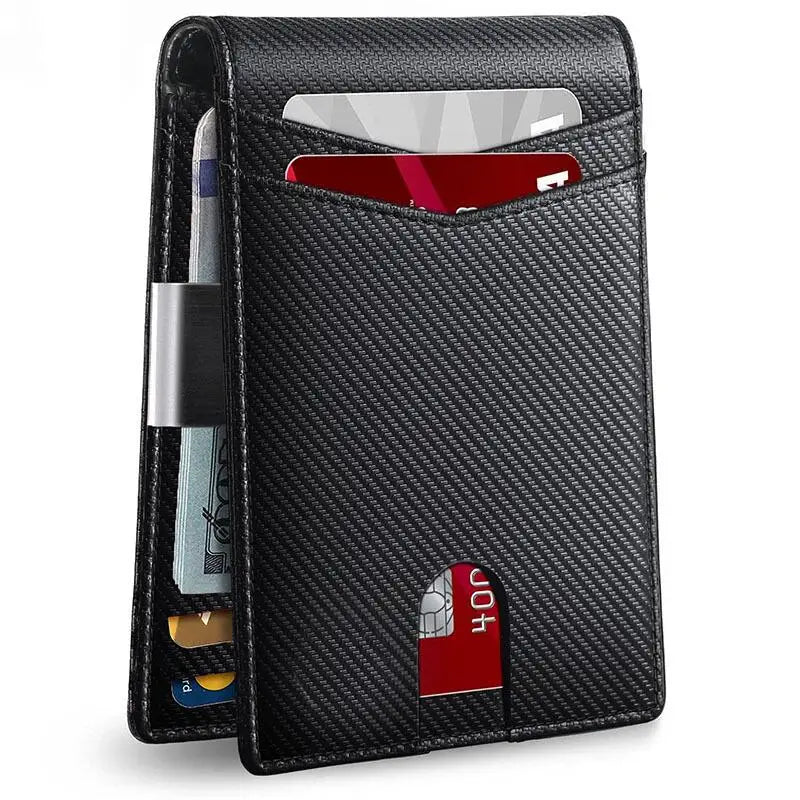 A black slim leather wallet with a carbon fiber texture showing an ID card slot and a card holder.
