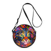 A colorful cartoon cat round crossbody bag with black strap