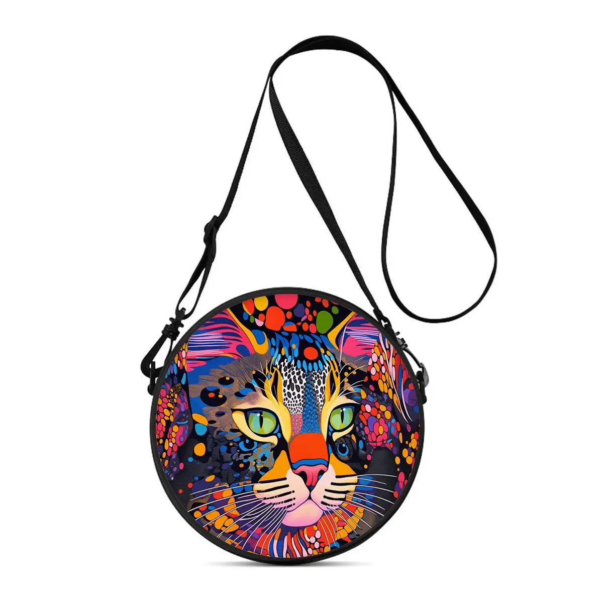A colorful cartoon cat round crossbody bag with black strap