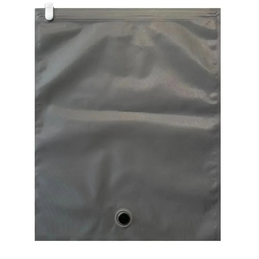 A gray reusable vacuum storage bag with a visible drawstring closure.