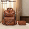 A brown retro trendy women's backpack made of PU leather with a tassel detail, shown on a light background.