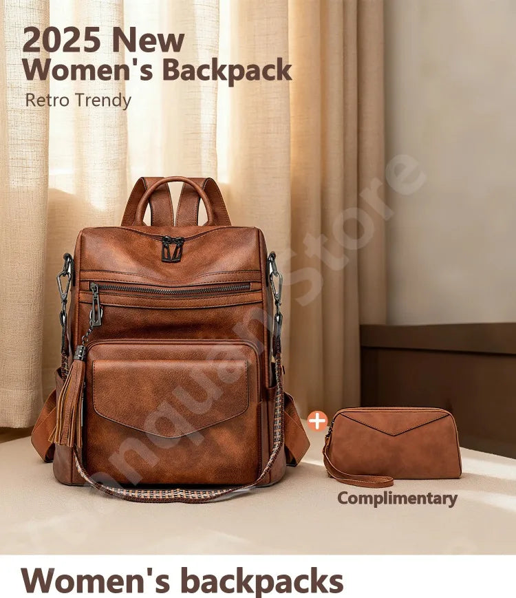 A brown retro trendy women's backpack made of PU leather with a tassel detail, shown on a light background.
