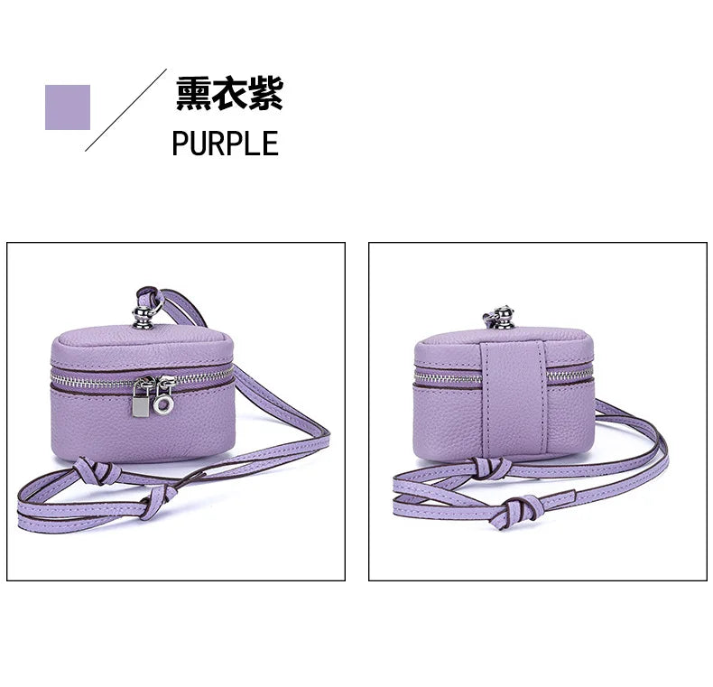 A purple handcrafted leather neck pendant coin purse with a matching lanyard.