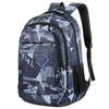 A dark blue patterned sports backpack with black straps and zippers.