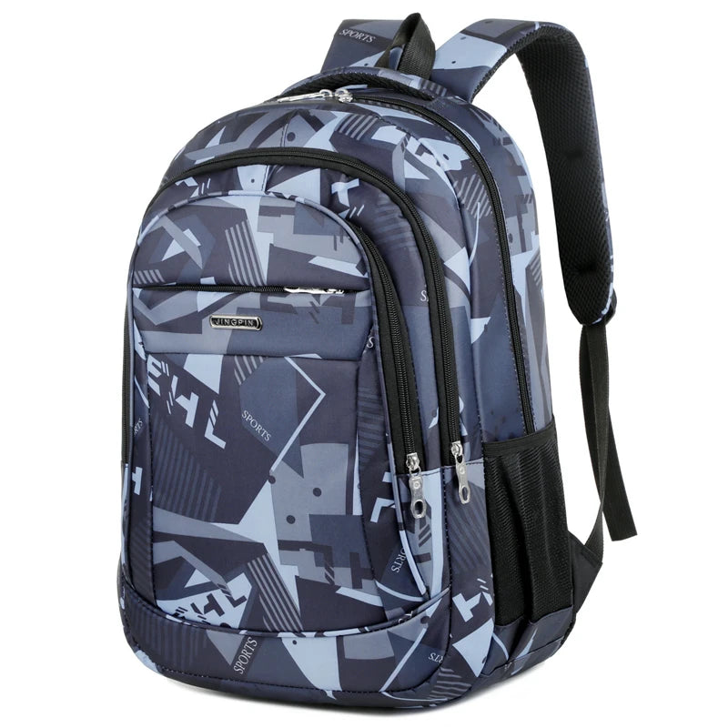 A dark blue patterned sports backpack with black straps and zippers.