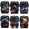 A set of four dark-colored backpacks featuring racing and motorcycle themes with vibrant light effects.