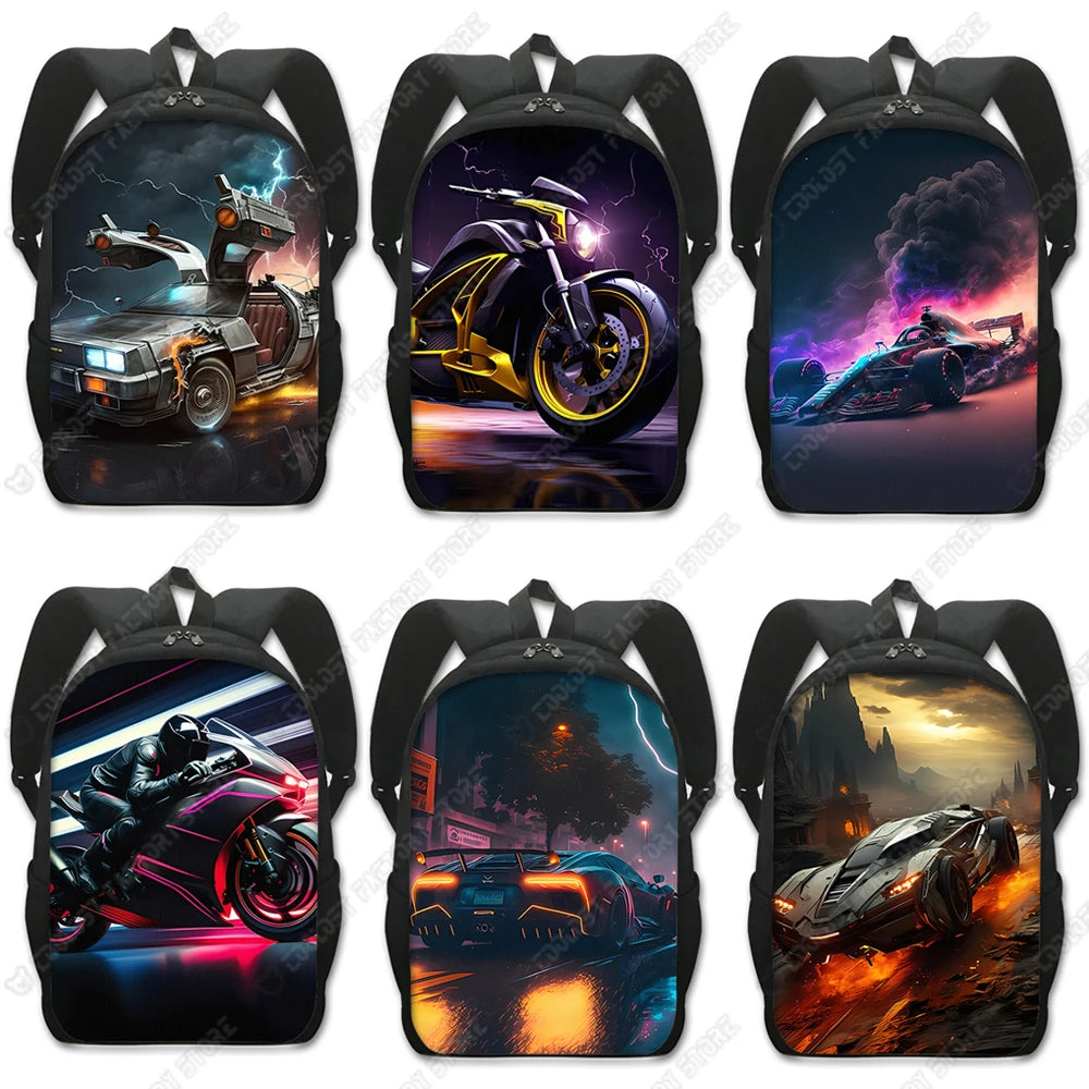A set of four dark-colored backpacks featuring racing and motorcycle themes with vibrant light effects.