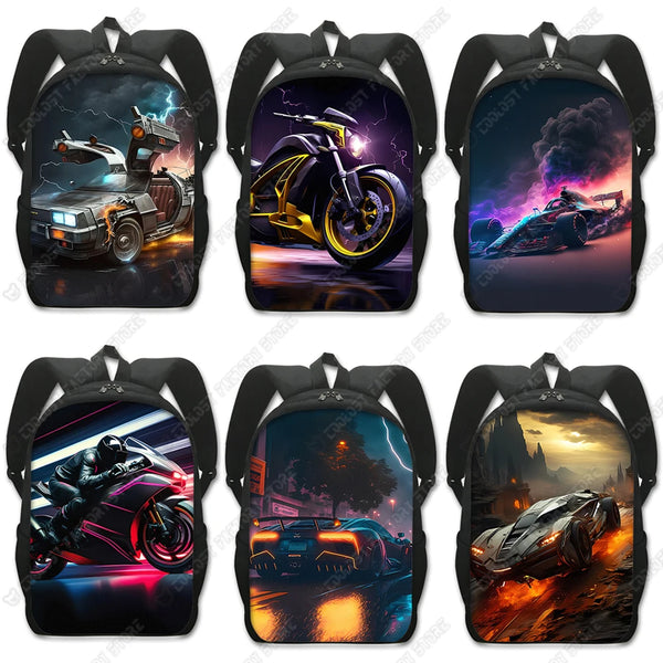 A set of four dark-colored backpacks featuring racing and motorcycle themes with vibrant light effects.