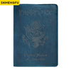 A dark blue genuine leather passport holder featuring the Great Seal of the United States of America embossed on the cover.