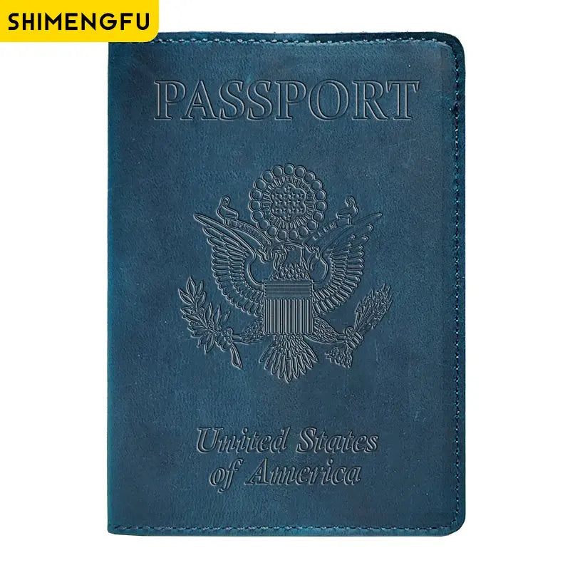 A dark blue genuine leather passport holder featuring the Great Seal of the United States of America embossed on the cover.