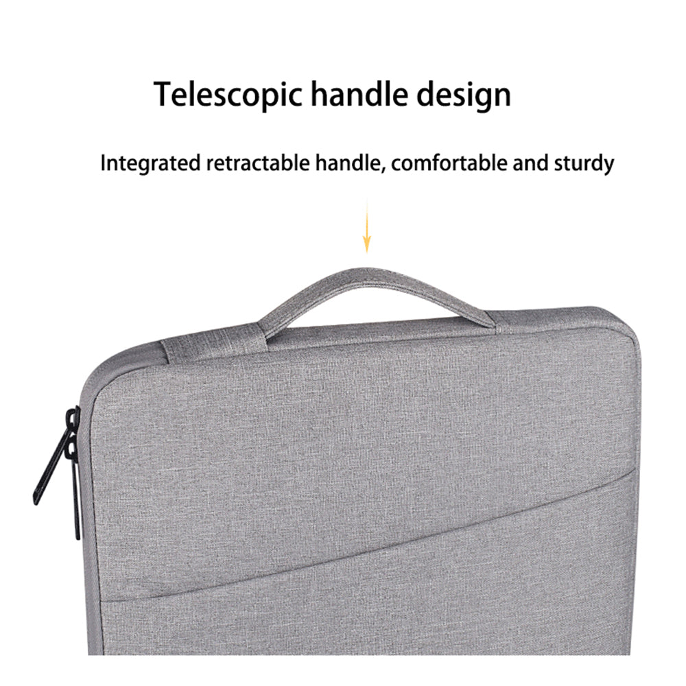 Gray laptop sleeve featuring a telescopic retractable handle design for easy carrying.