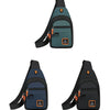 A dark green and black nylon chest bag shown from the front, featuring multiple compartments.