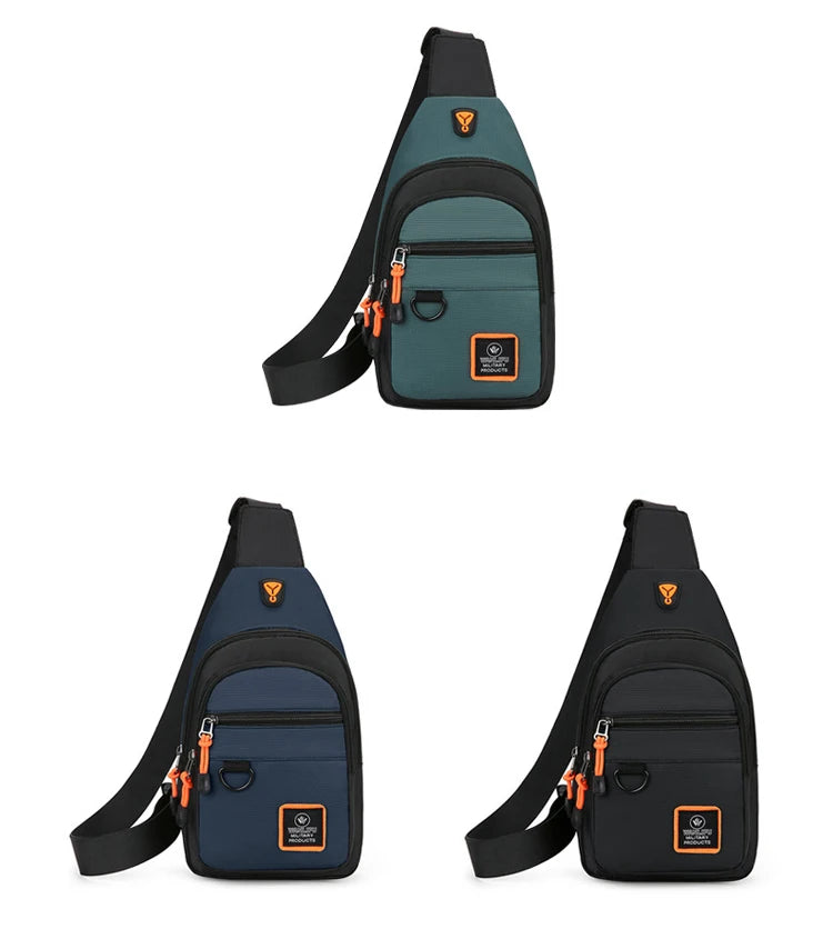 A dark green and black nylon chest bag shown from the front, featuring multiple compartments.
