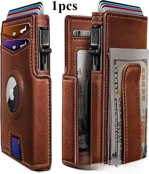 Cartera de tarjetas de cuero marrón para hombre, plegable de aluminio con cierre magnético y ranuras.