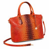 Orange Krokodilmuster-Top mit Crossbody-Tasche und goldfarbenem Riemen.