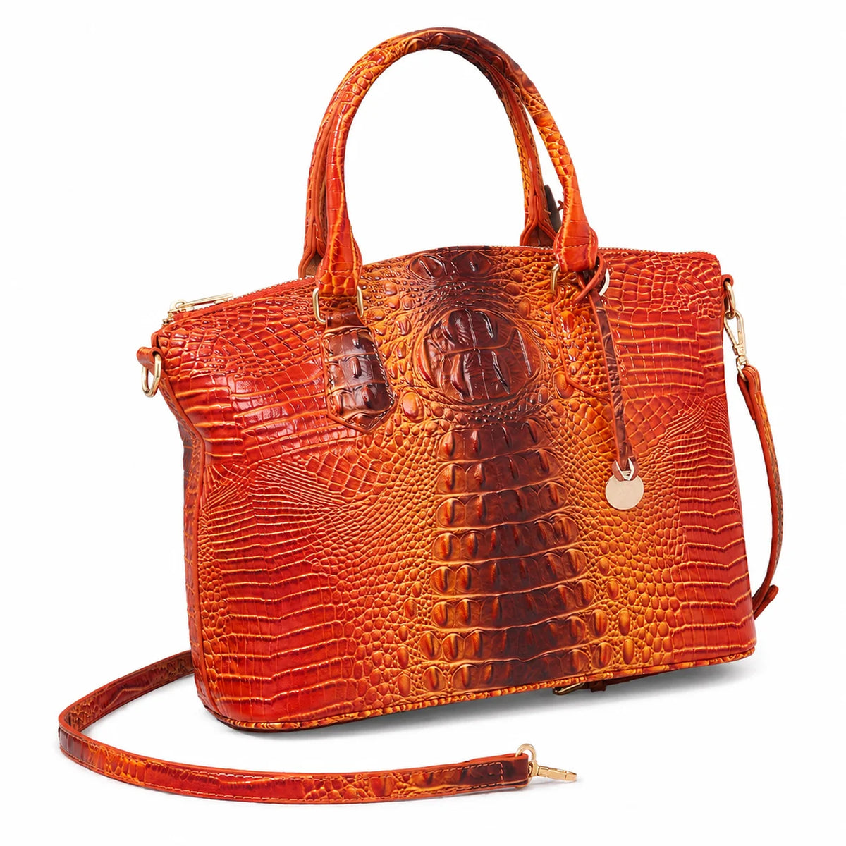 Orange Krokodilmuster-Top mit Crossbody-Tasche und goldfarbenem Riemen.